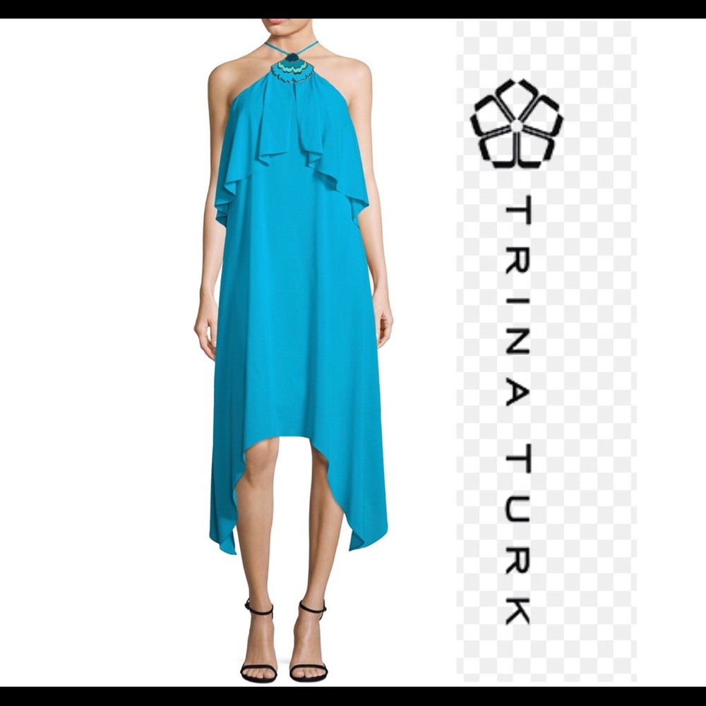 Trina Turk NWT Teal Chiffon Silk Halter Dress